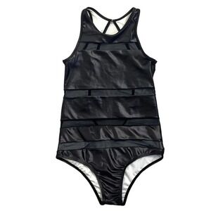 BABALÚ black faux leather & mesh high neck open back one piece swimsuit M New